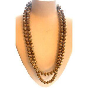 Coro Vintage Double Strands Ribbed Gold Tone Beaded Necklace and Earrings Chic